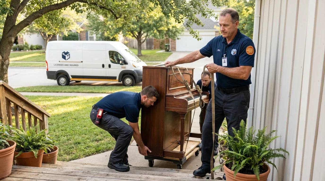 Licensed piano movers securing grand piano in Fortuna, CA