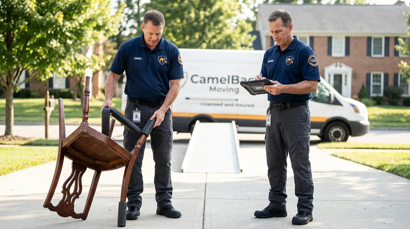 Movers inspecting furniture for damage prevention before loading in Fortuna, CA