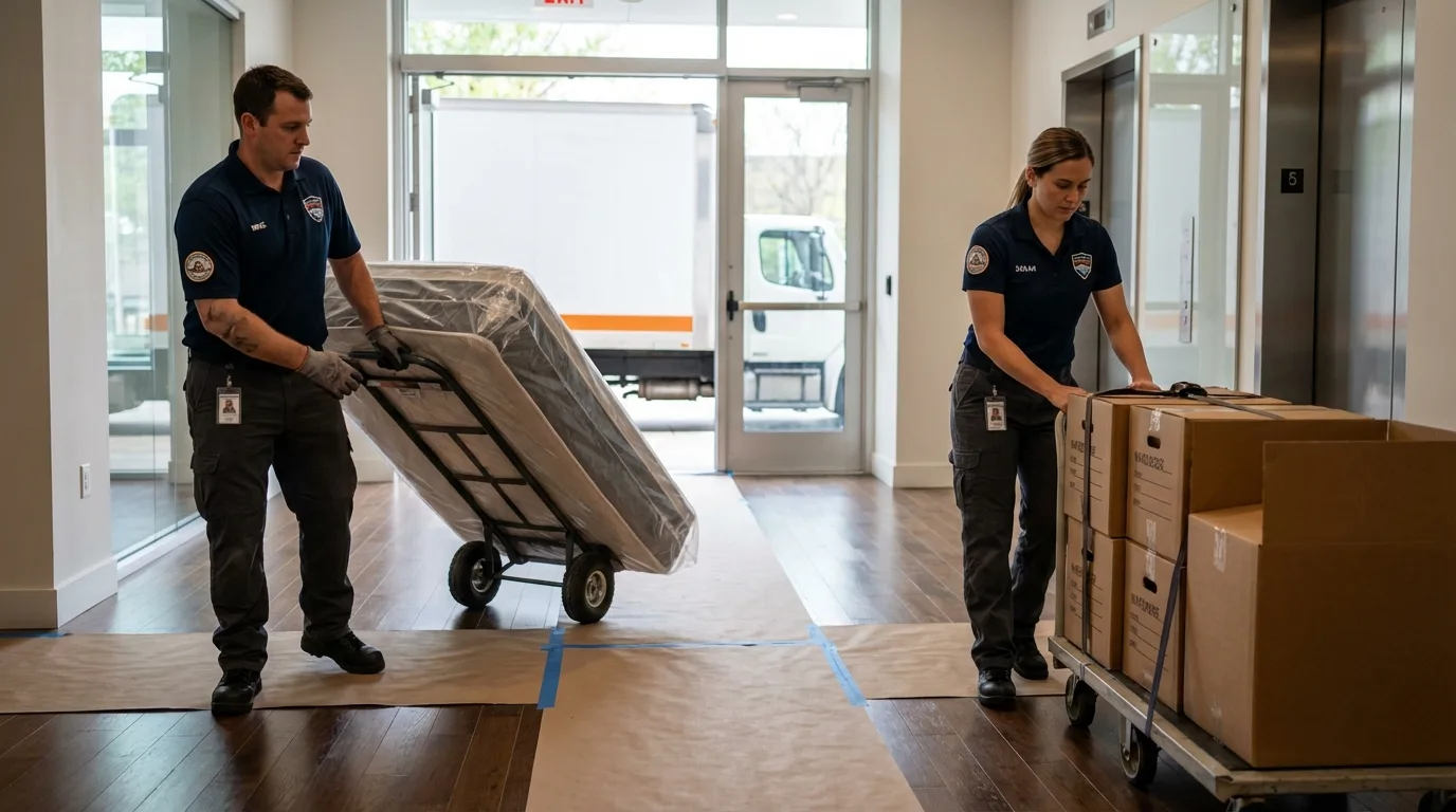 Professional apartment movers loading elevator in Fortuna, CA
